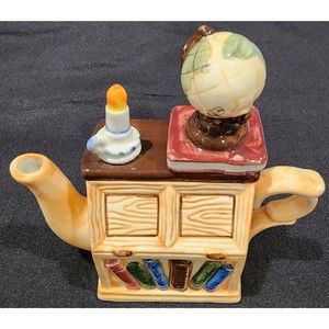 World Bazaar Vintage Mini Teapot Bookcase with Candle and Globe
